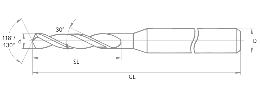 Technische Daten VHM-Spiralbohrer: d (Bohrerdurchmesser), SL (Spirallänge), GL (Gesamtlänge), D (Schaftdurchmesser)