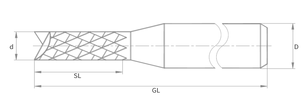 Technische Zeichnung für VHM-Fräser Diamantverzahnt - 1/8" Schaft - Bemaßung und Details