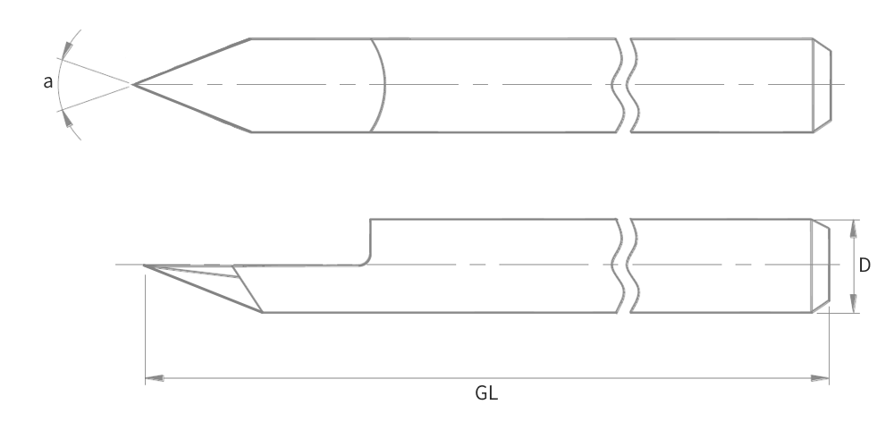 Technische Zeichnung für VHM-Gravierfräser gerade Nut - 1/8" Schaft - Bemaßung und Details