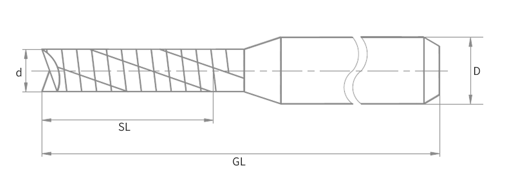 Technische Zeichnung Spiralverzahnter Fräser: d = Schneidendurchmesser | SL = Spirallänge (Schnitttiefe) | GL = Gesamtlänge | D = Schaftdurchmesser (3,175 mm / 1/8")