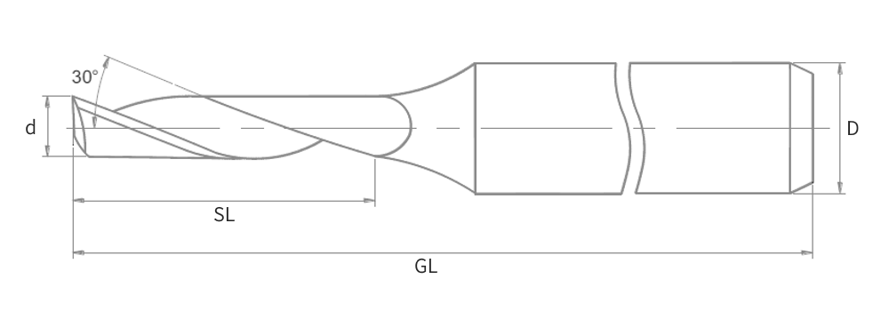 Zeichnung VHM-Einschneider mit Kennzeichnung von Durchmesser (d), Schaftdurchmesser (D), Gesamtlänge (GL) und Spirallänge (SL) für die CNC-Programmierung