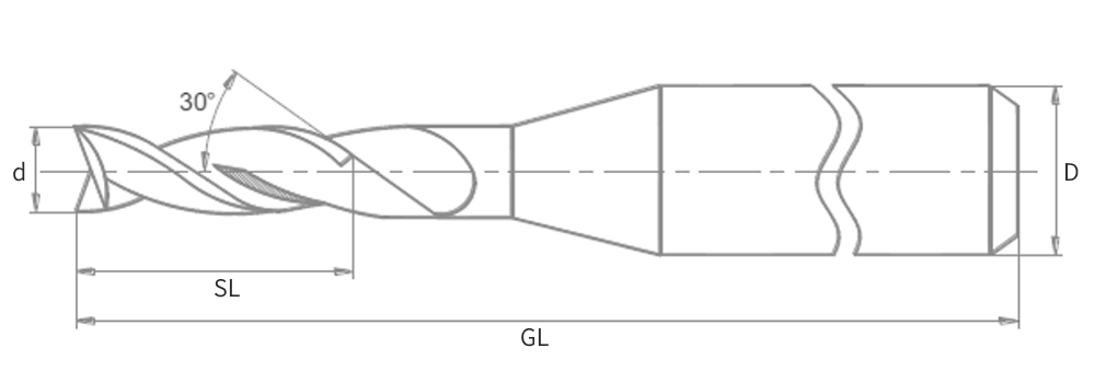 Technische Spezifikation VHM-Fischschwanzfräser Durchmesser (d), Schaftdurchmesser (D), Gesamtlänge (GL) und Spirallänge (SL)
