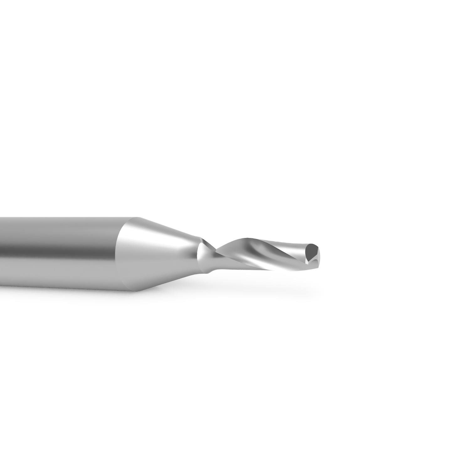 VHM Einschneider mit Stirnanschliff liegende Ansicht. Fräser speziell für Kunststoff und Aluminium.