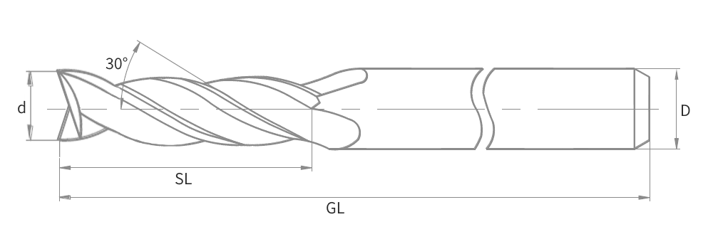 Technische Zeichnung für VHM-Dreischneider Fischschwanz Anschliff - 1/8" Schaft - Bemaßung und Details