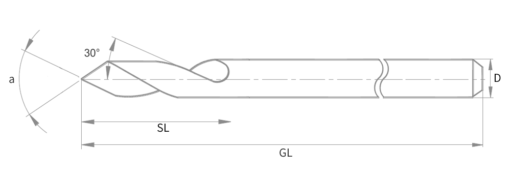 Technische Zeichnung für VHM-Gravierfräser spiralförmige Nut - 1/8" Schaft - Bemaßung und Details