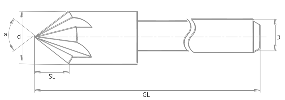 Technische Zeichnung für VHM-Kegelsenker - 1/8" Schaft - Bemaßung und Details