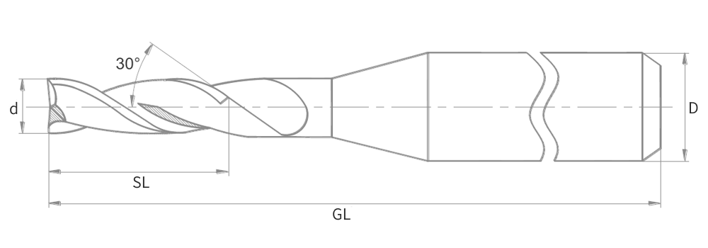 Technische Zeichnung für VHM-Zweischneider flacher Stirnanschliff - Standardschaft - Bemaßung und Details